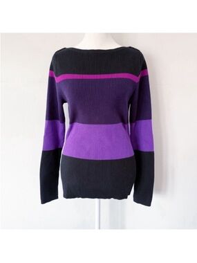 Lauren Ralph Lauren Women Y2K Stripe Rib Knit Large Preppy Retro Sporty Academia